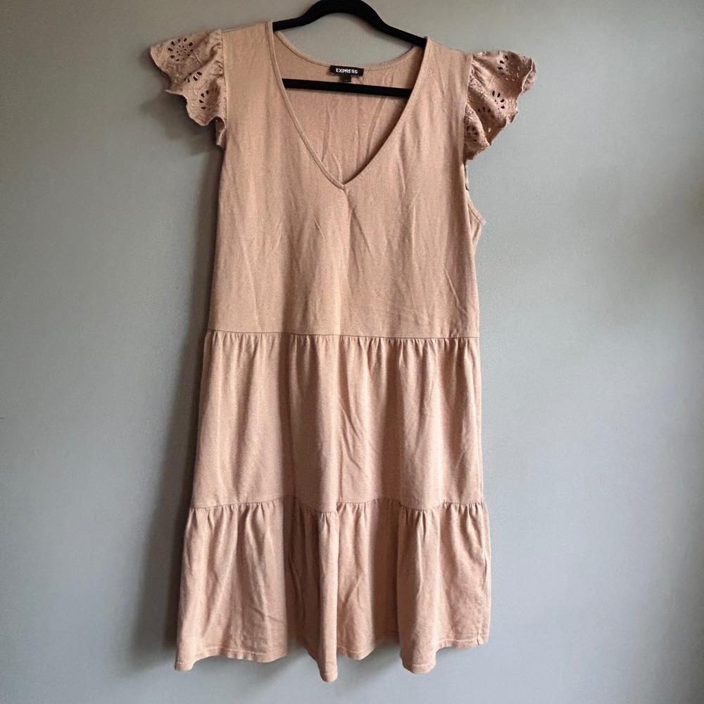 Express Womens Tan Cotton Eyelet Flutter Sleeve Tiered Babydoll Dress Medium
